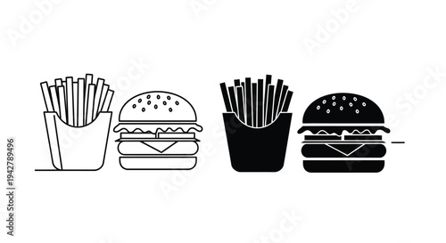 Simple black and white illustration of burgers and french fries