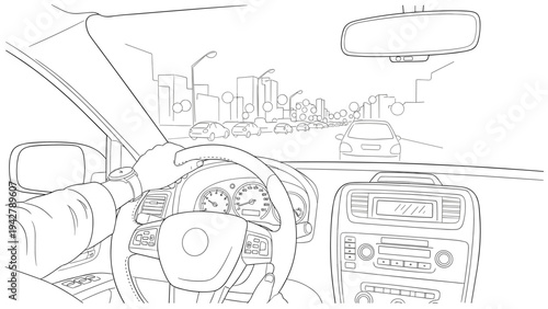 City commute: line art perspective of urban driving from a car's interior view