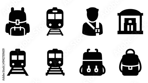 Set of transportation and travel icons in black silhouette style