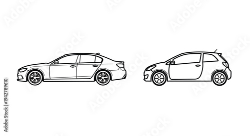 Outline of a sedan and a hatchback car side view black and white