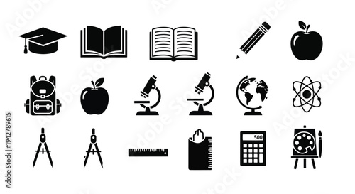 Black icons representing various scholastic subjects and educational tools