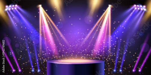 Award ceremony stage realistic vector background with round podium under golden spotlight. Luxury show, design with glitter gold stars and blue and purple lights, winner presentations