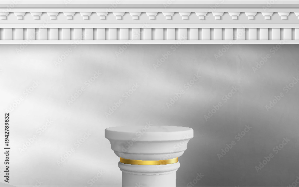 Obraz premium White marble coumn podium with golden ring realistic vector background. Ancient roman greek pillar stand or museum pedestal, product presentation or exhibition near stone wall with light reflections