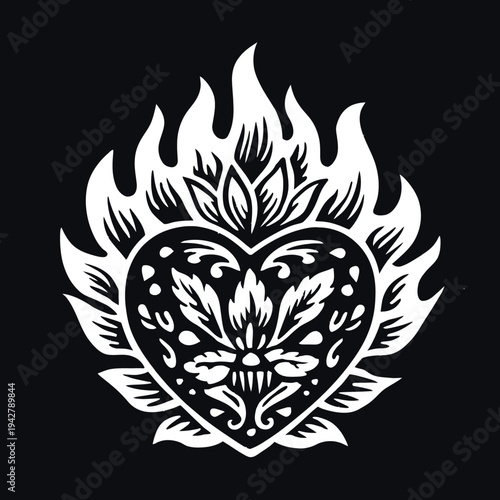 isolated clipart image of decorative Hot Pink Rosa Mexicano ornamental decorated with flame Mexican sacred heart linocut vector icon monochrome bl