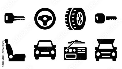 Car icon set: steering, tire, seat, and accessories in black silhouette style