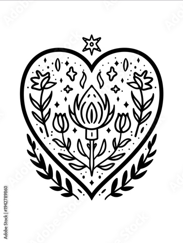 bold thick outlines border frame Scandinavian folk art boho heart decorated with flower flame moon stars leaves icon simple flat black line art o