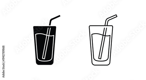 Two black and white illustrations of glasses with straws