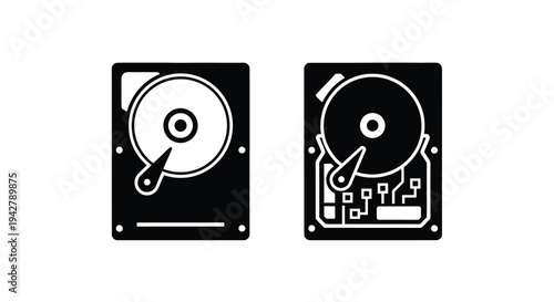 Two black and white icons depicting internal computer hard disk drives