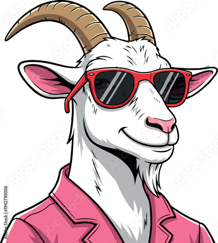 Cool Goat with Sunglasses: A cheerful goat with sunglasses. Dressed to impress with red glasses and a stylish pink jacket, capturing a sense of fun and a touch of coolness.