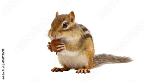Canvas Print Isolated chipmunk holding a nut, cute rodent animal with brown and black stripes