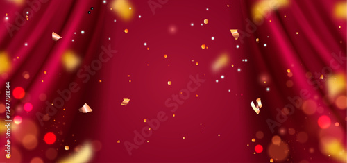Opened red velvet curtain with golden confetti, realistic vector background. Backdrop for theater shows, cinema premieres, award ceremonies with gold tinsel