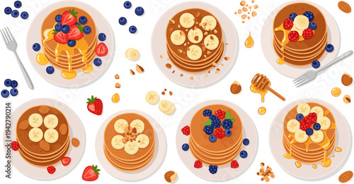 Pancake Breakfast Collection with Banana, Blueberry, Strawberry, Honey Syrup, Nuts, and Fluffy Stack Pancakes Sweet Morning Meal Vector Illustration Set