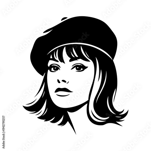 Logotipo boutique de moda. Dibujo de la cabeza de una mujer con una elegante boina y melena 