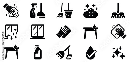 Cleaning icon set, showcasing vector illustrations of cleaning supplies such as spray bottles, soap bars, bubbles, wiping hands, detergent, sparkling leaves, and hygiene tags for sanitation projects.