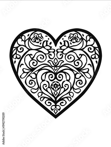 frame bold thick outlines border framed Scandinavian folk art ornamental heart decorated tile simple flat black line art on a white background cle