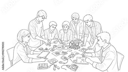 Team collaboration in technology workshop with interactive devices and gadgets