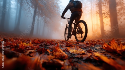 Wallpaper Mural A mountain biker navigating a foggy forest trail layered with vibrant autumn leaves, encapsulating the thrill of outdoor adventure and the serene beauty of nature during fall. Torontodigital.ca