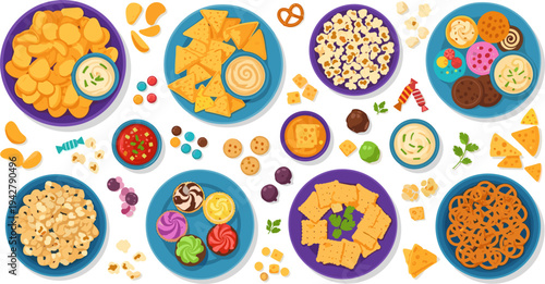 Salty Snack and Dessert Bowl Collection with Potato Chips, Nachos, Pretzels, Popcorn, Cookies, Candies, and Party Snack Mix Vector Illustration Set