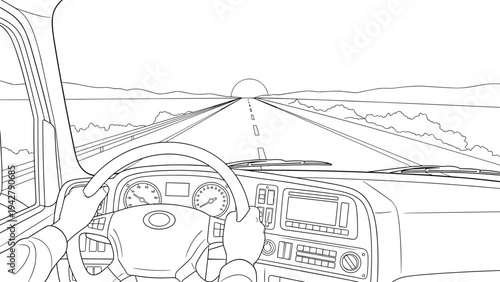 Black and white line art of driving on an open highway with scenic view