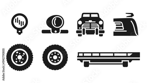 Classic car parts silhouette icons: headlights, wheels, bumpers, and more