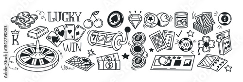 Hand drawing doodle casino or gambling games set. Vector icons of roulette wheel, playing cards, poker chips, slot machine, scratch lottery ticket, gold bar, billiard balls. Lucky jackpot line symbols