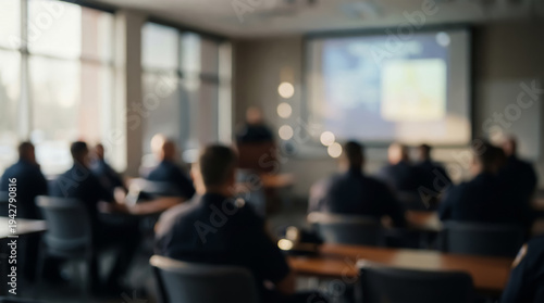 A defocused shot of a police briefing with a speaker at the screen