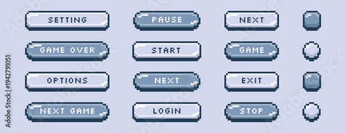 Vector set of grey pixel art start, exit, pause, next, stop and login buttons. Pixelated video game icons, text box frames, interface menu elements in 8bit retro style. Arcade ui graphic design