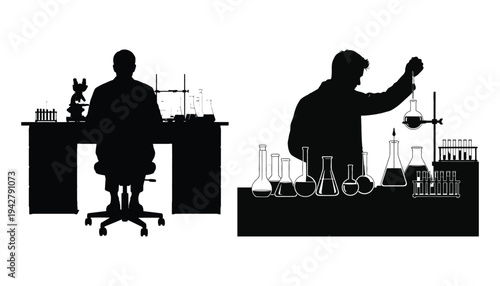 Scientist Silhouette Working in Lab with Flasks and Microscope