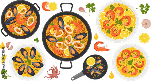 Spanish Seafood Paella Collection with Shrimp, Mussels, Squid, Lemon, Saffron Rice, and Traditional Mediterranean Seafood Dish Vector Illustration Set