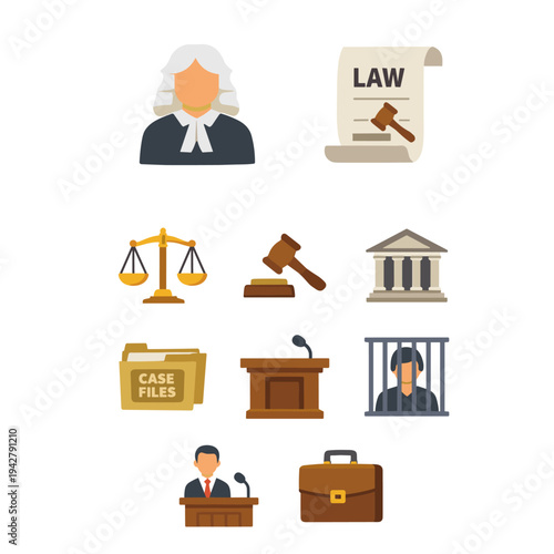 Legal Icons: A collection of icons representing the pillars of law and justice, including the judge, the gavel, scales of justice, case files, courthouse, a podium.