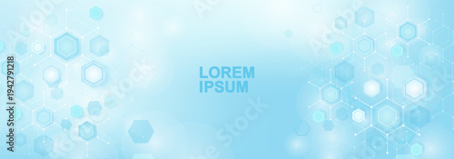 Health care or medical abstract background with hexagons, lines and dots. Scientific innovation banner template concept. Biology and pharmaceutical technology background. Vector illustration.