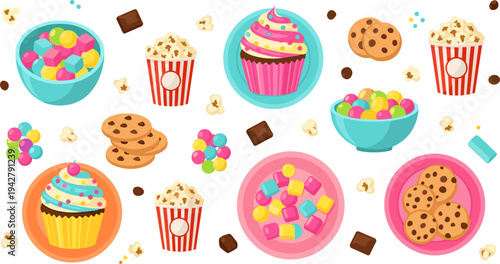 Sweet Snack and Dessert Collection with Cupcakes, Cookies, Popcorn, Chocolate Bars, Candy Pieces, and Colorful Treat Bowls Vector Illustration Set
