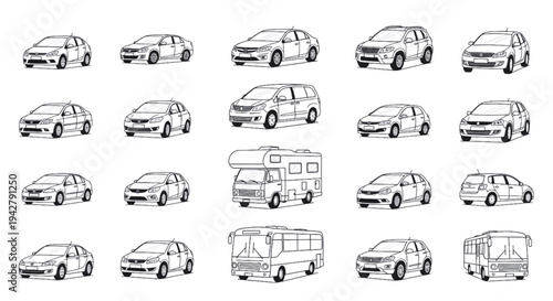 Vehicle Profile and Plan View Outlines: Sedan, SUV, and Bus CAD Symbols