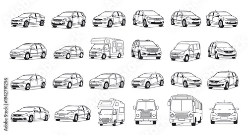 Vehicle Profile and Plan View Outlines: Sedan, SUV, and Bus CAD Symbols