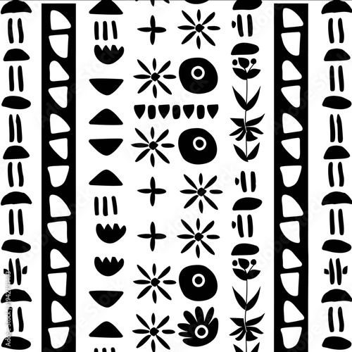 bold thick outlines geometric Scandinavian folk art border strips tiles seamless pattern in rows icon simple flat black line art on a white backg