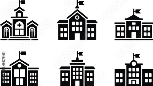 Collection of six black silhouette icons of school buildings education institution