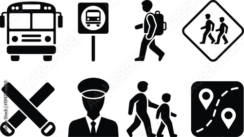Collection Of Transportation And Safety Icons On White Background bus stop