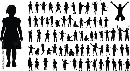 Children silhouettes collection, kids playing standing jumping sitting poses, boys and girls child figures vector illustration isolated set