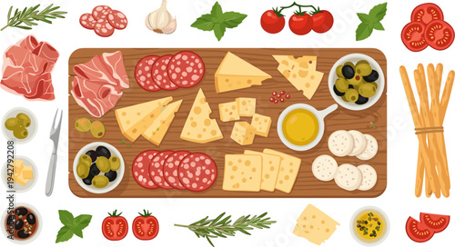 Italian Antipasto Platter Collection with Salami, Prosciutto, Cheese, Olives, Breadsticks, Tomatoes, and Olive Oil Mediterranean Food Vector Illustration Set