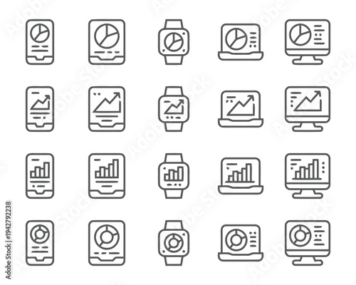 Data analysis and business statistics icons set for different devices including smartphone smartwatch laptop and desktop computer monitor