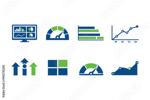 Data analysis and performance monitoring icons with graphs and speed indicators
