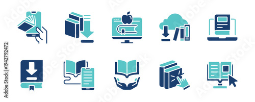 Digital reading and learning icons for online education and knowledge acquisition on devices