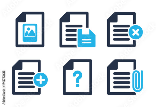 Document and file icons with image, save, delete and add symbols on white background