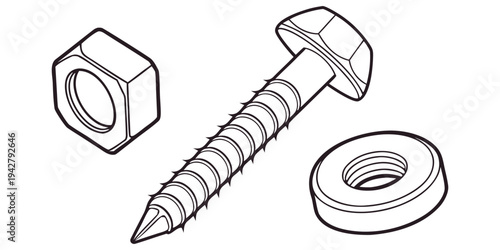 Vector illustration of screws bolts nuts and metal hardware tools isolated on white background