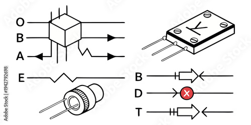 Vintage vector illustration set featuring an abstract musical instrument and an old radio drawing with electronic circuit technology and engineering blueprint design elements.