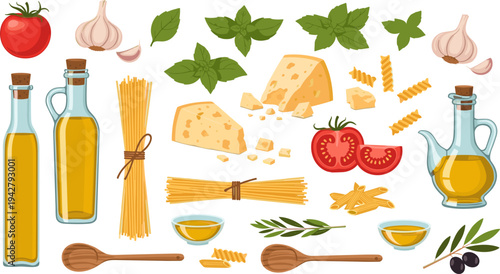 Italian Cooking Ingredients Collection with Olive Oil Bottles, Pasta, Parmesan Cheese, Tomato, Garlic, Basil, and Herbs Mediterranean Food Vector Illustration Set
