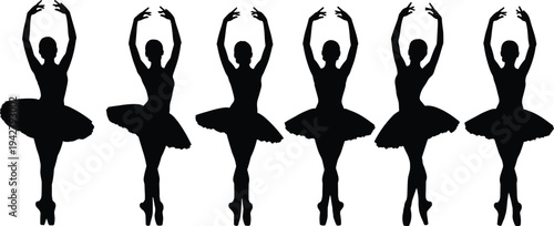 Group of ballet dancers silhouettes in tutu dresses performing classical dance positions set on white background for elegant performance art