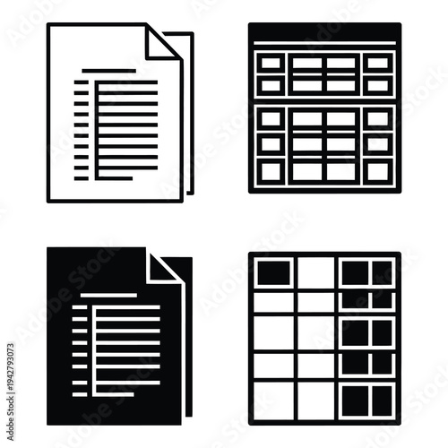 Document file and spreadsheet calculator icons in black and white icon