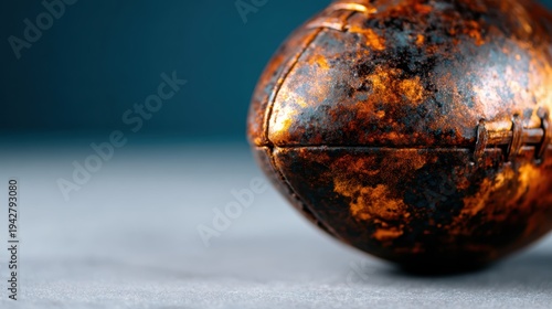 A close-up of an old, rusty football, capturing the essence of time-worn sports memorabilia and invoking nostalgia for personal and collective memories of the game.