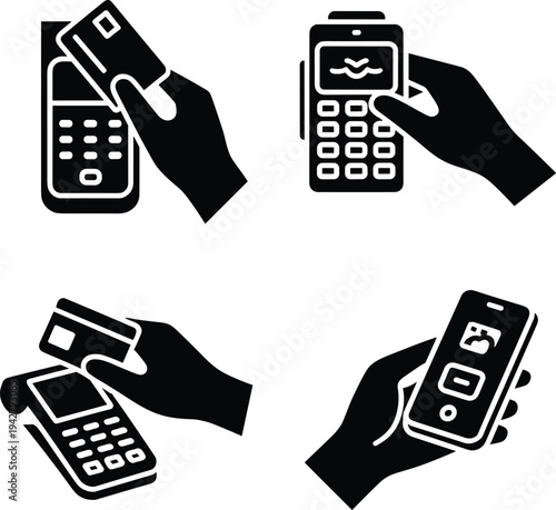 Four Black Icons of Contactless Payment Methods credit card payment terminal